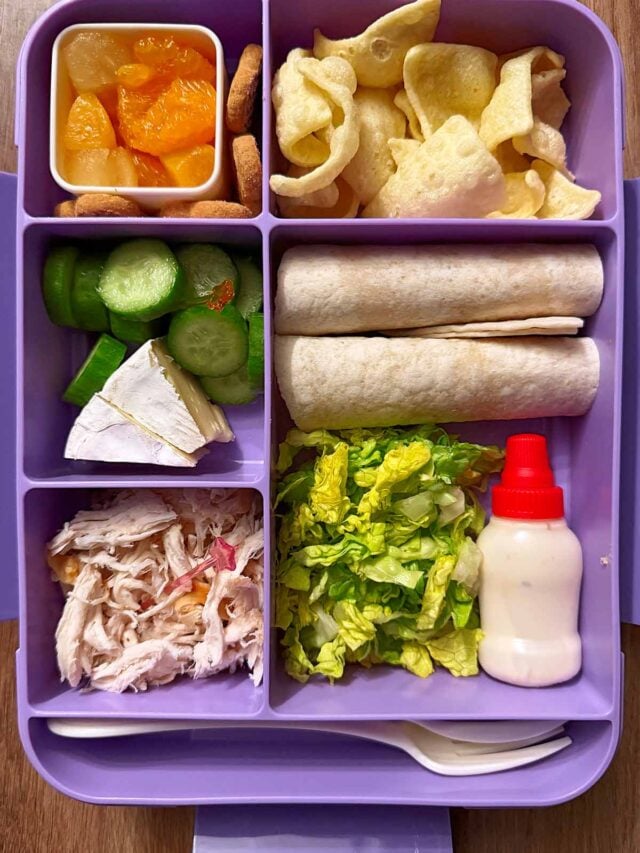 A compartment lunchbox containing a deconstructed chicken wrap, crisps, cheese, satsuma segments and mini cookies.