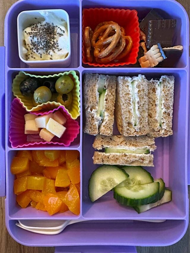 A compartment lunchbox containing a cucumber sandwich, a pot of yogurt, chocolate biscuit, cubes of peach, cucumber slices and silicone cups of cheese, olives and pretzels.