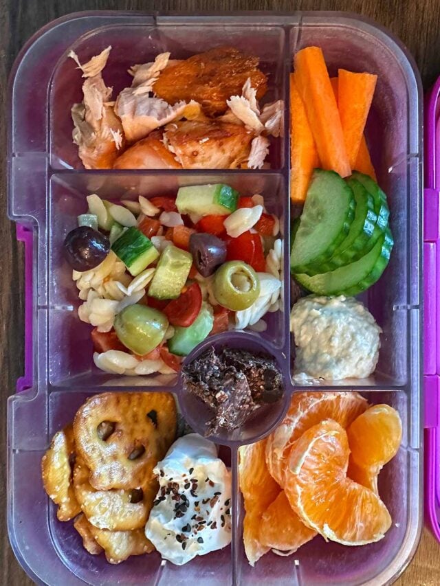 A compartment lunchbox containing flaked salmon, orzo salad, mini pretzels, hummus, crudités, cream cheese, orange segments and pieces of chocolate.