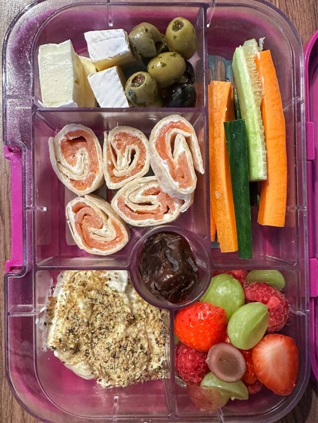 A compartment lunchbox containing salmon pinwheels, yogurt, brie, olives, crudités, berries and chocolate pudding.
