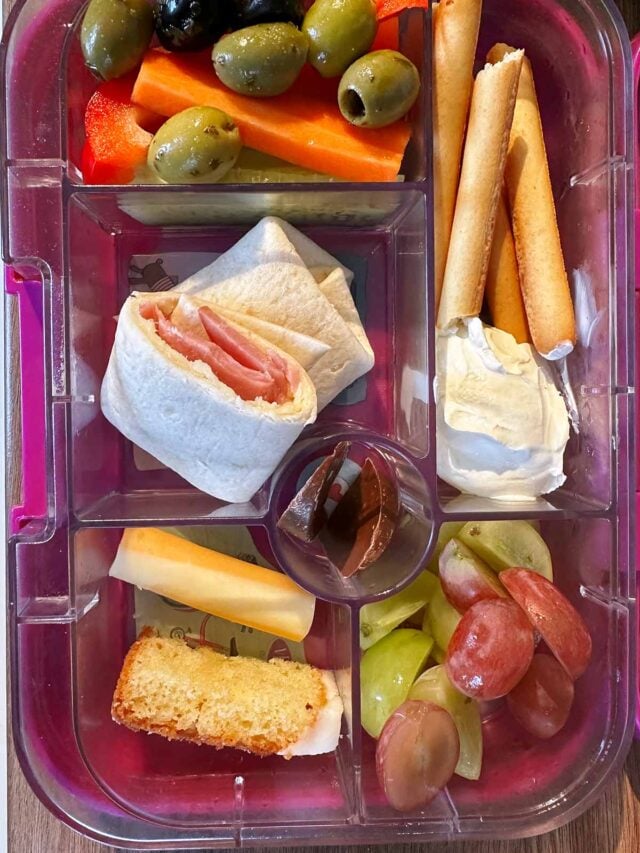 A compartment lunchbox containing a wrap, breadsticks, hummus, fruit and vanilla cake.