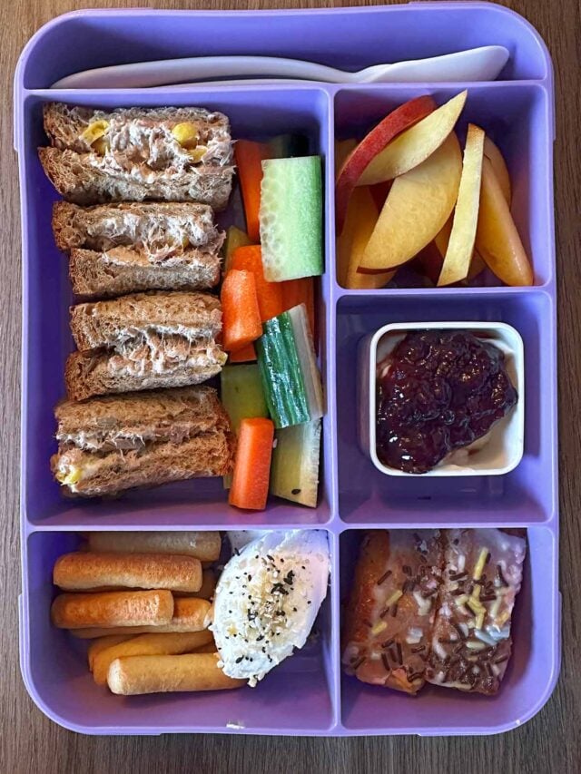 A compartment lunchbox containing a sandwich, apple slices, breadsticks, cream cheese, yogurt and school cake.