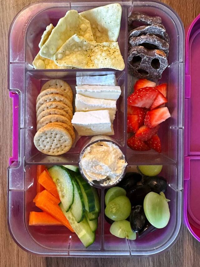 A compartment lunchbox containing cheese, crackers, crisps, hummus, fruit, veg and chocolate pretzels.
