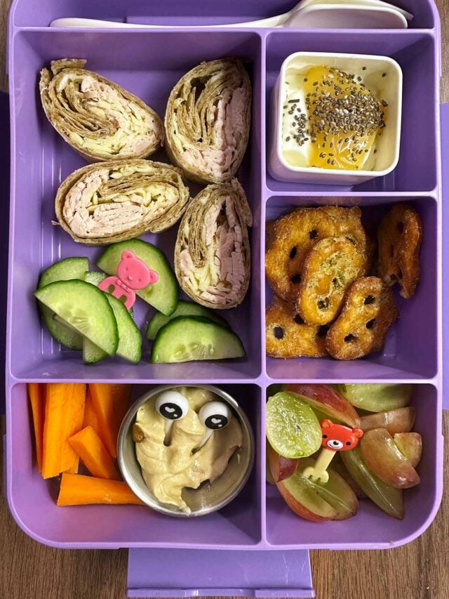 A compartment lunchbox containing pinwheels, carrot, hummus, grapes, pretzrls and yogurt.
