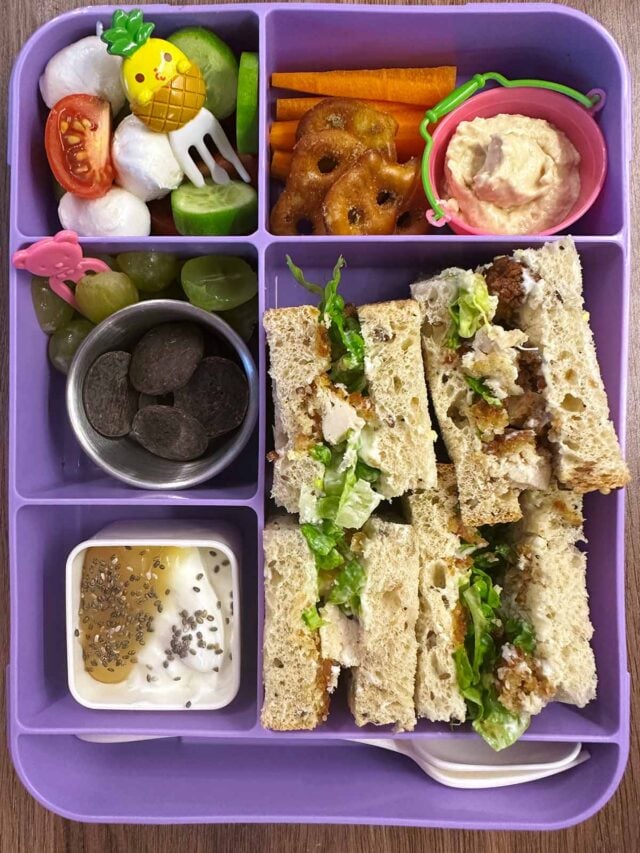 A compartment lunchbox containing a sandwich, salad veg, cheese, hummus, yogurt and chocolate.