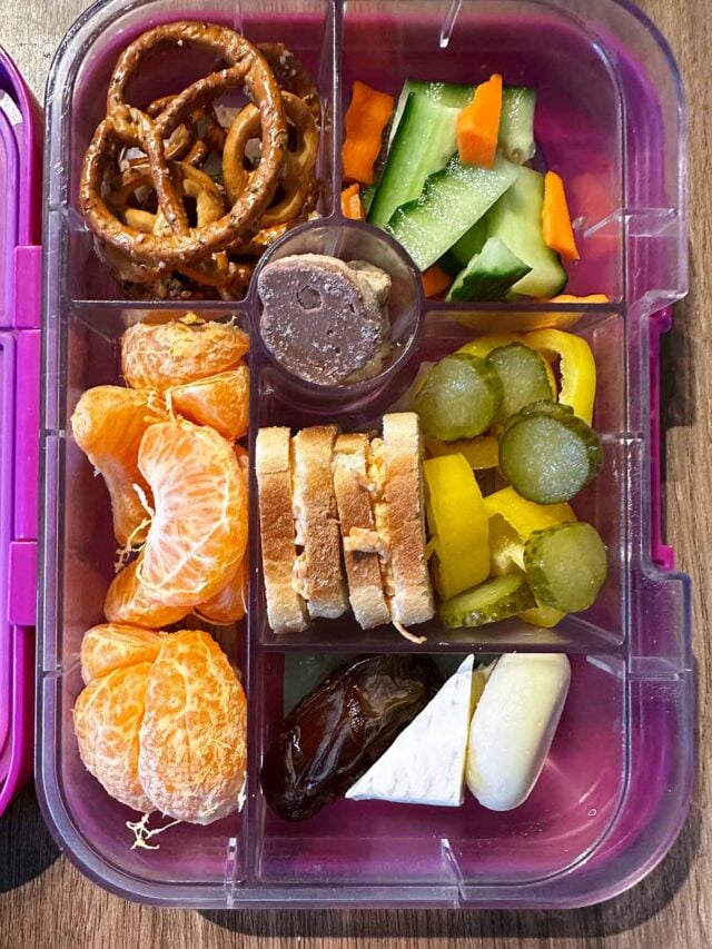 A compartment lunchbox containing mini sandwiches, orange segments, salad veg, pretzels, cheese and a date.