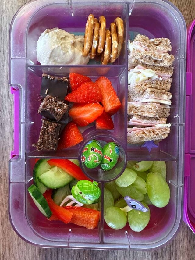 A compartment lunchbox containing a sandwich, pretzels, hummus, fruit, veg and chocolate.
