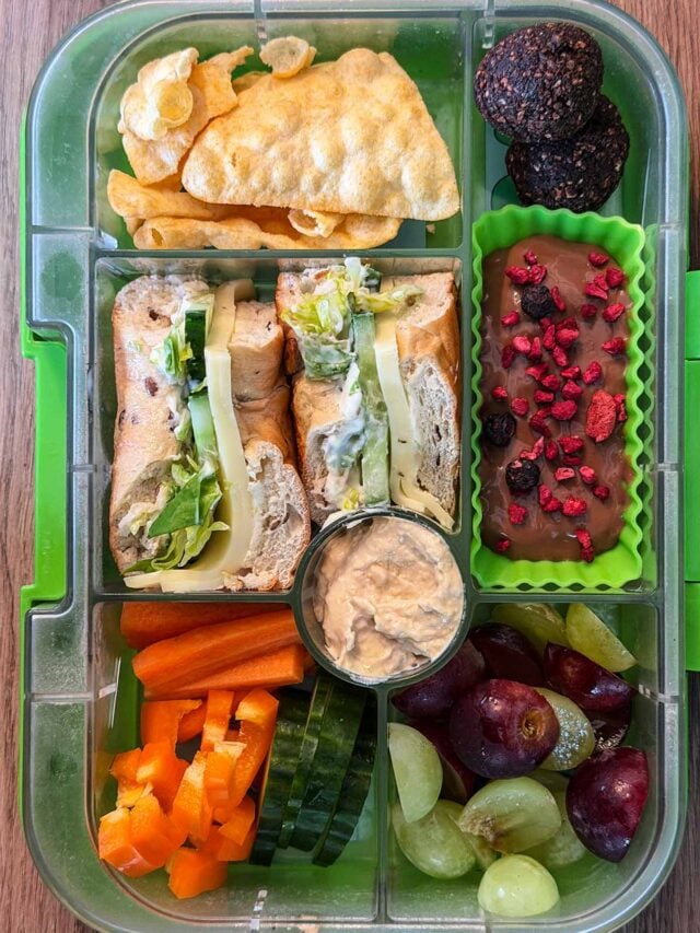 A compartment lunchbox containing a cheese salad bagel, crudités, hummus, grapes, crisps and chocolate pudding.