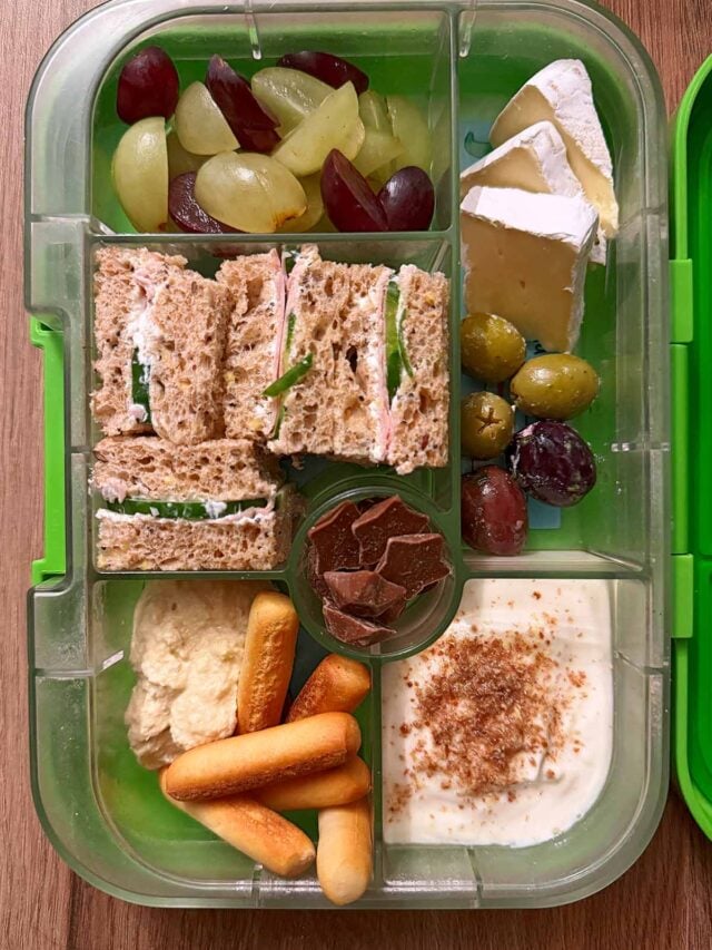 A compartment lunchbox containing a cucumber sandwich, cheese, olives, grapes, breadsticks, hummus, yogurt and chocolate.