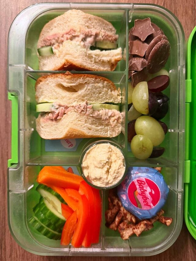 A compartment lunchbox containing a tuna roll, veg, twiglets, grapes and chocolate.