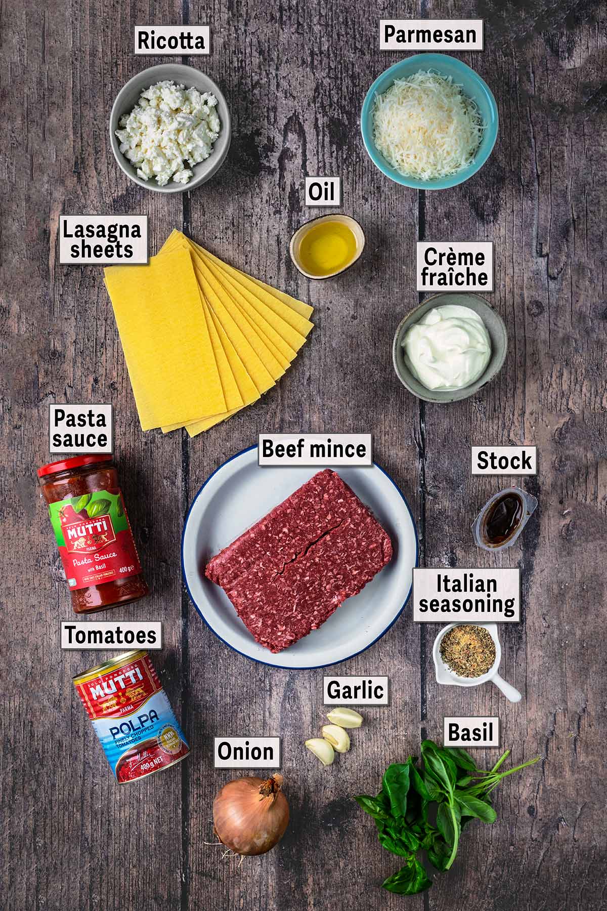 All the ingredients needed for this recipe with text overlay labels.