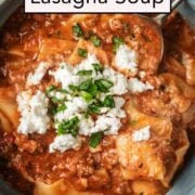 Slow cooker lasagna soup with a text title overlay.
