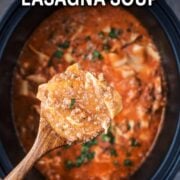 Slow cooker lasagna soup with a text title overlay.