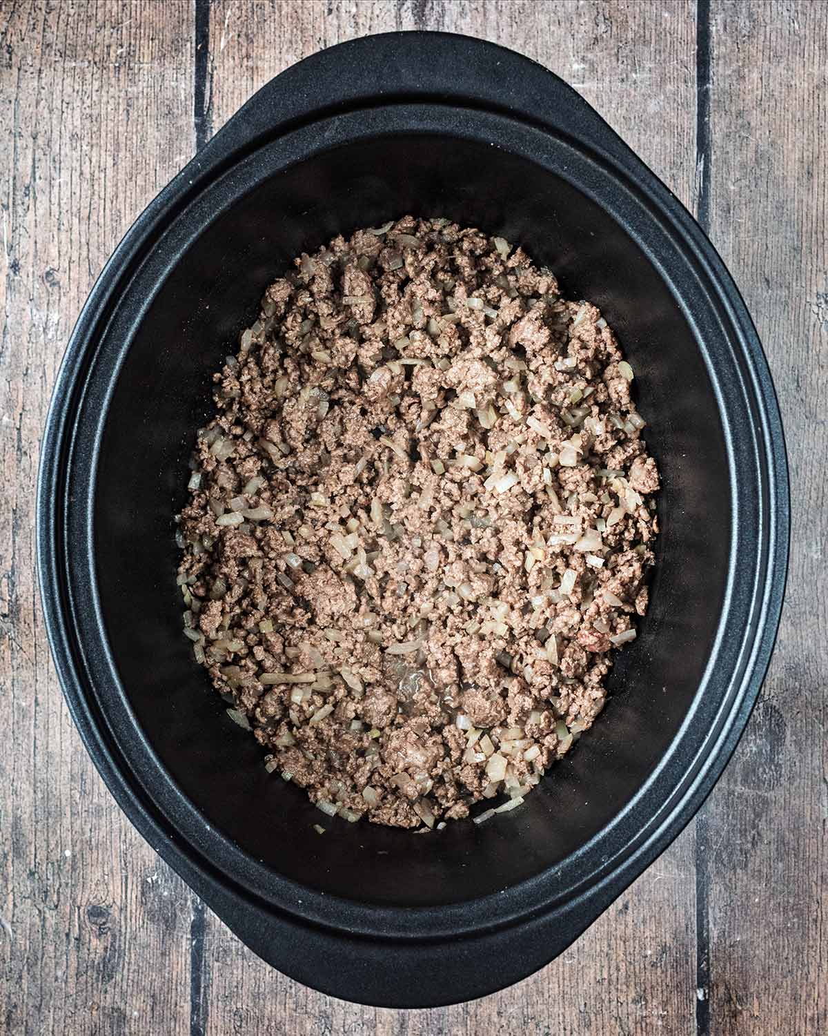Cooked beef mince in the slow cooker.