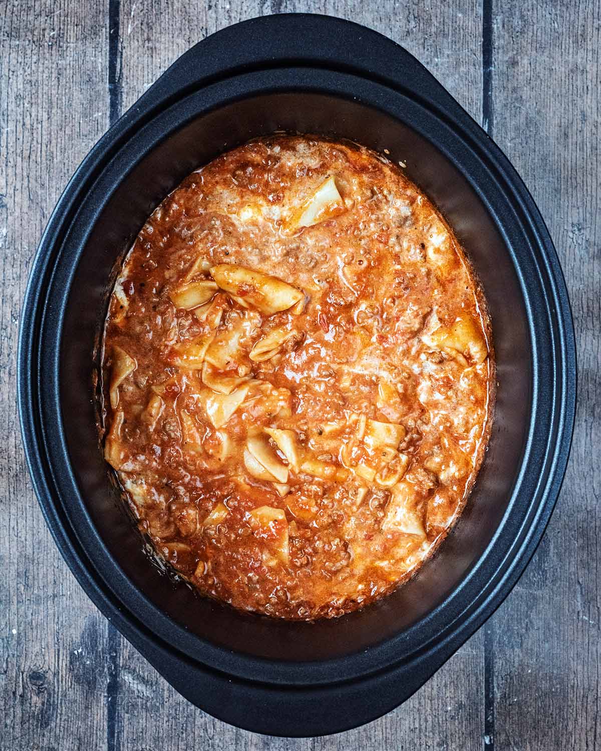 Everything mixed together in the slow cooker.