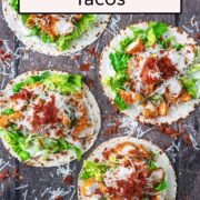 Chicken caesar tacos with a text overlay title.