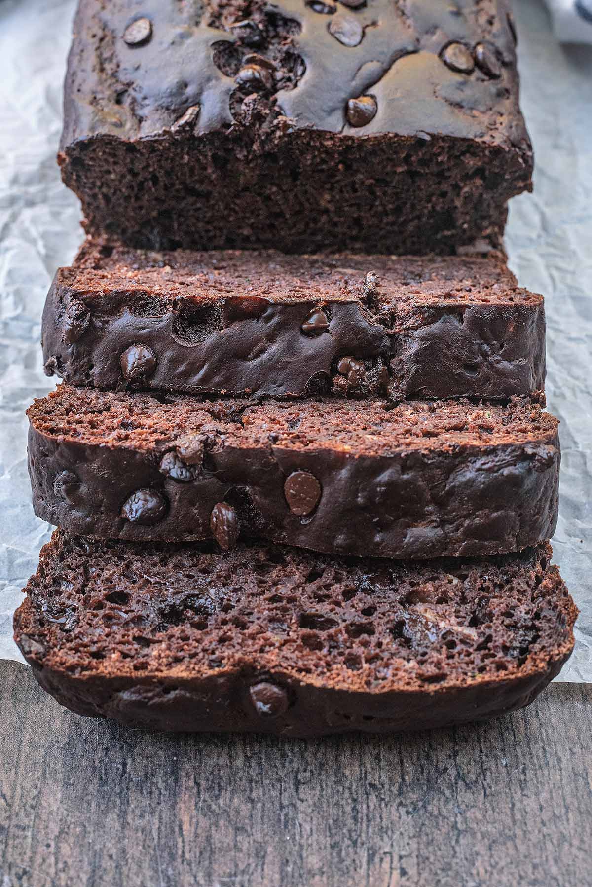 Three slices of chocolate loaf cake.