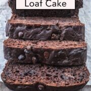 Chocolate courgette loaf cake with a ttext title overlay.