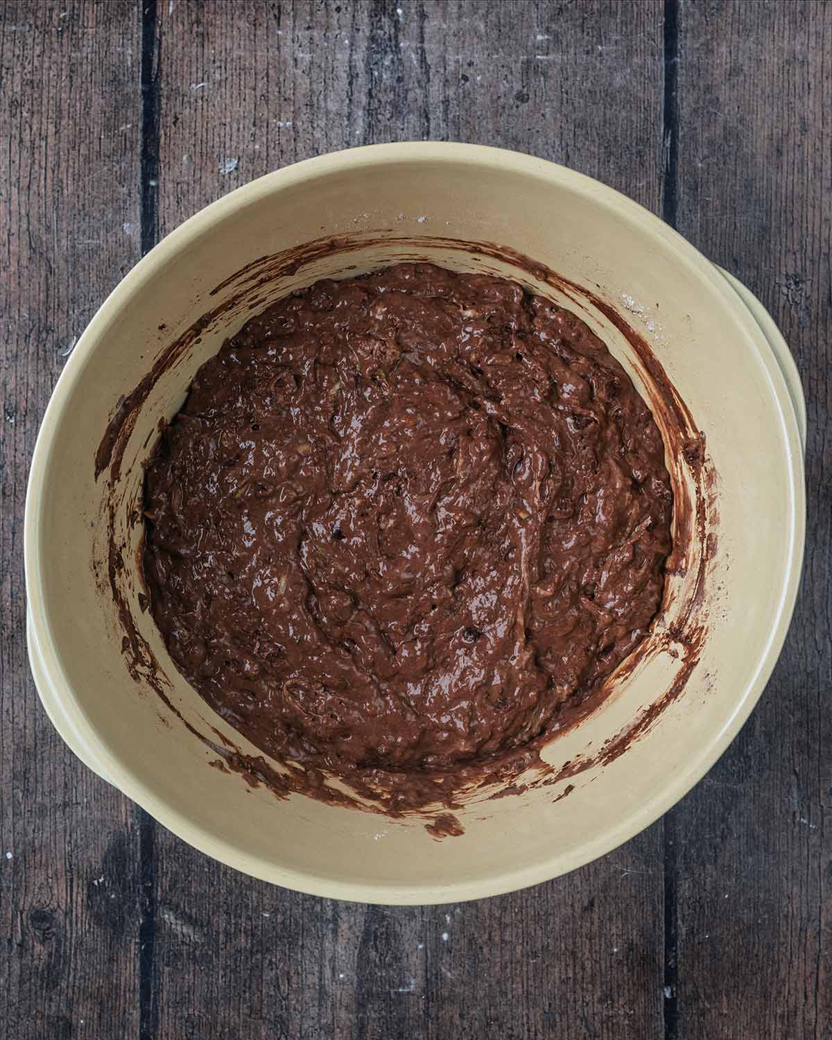 Everything mixed together making a smooth chocolate batter.